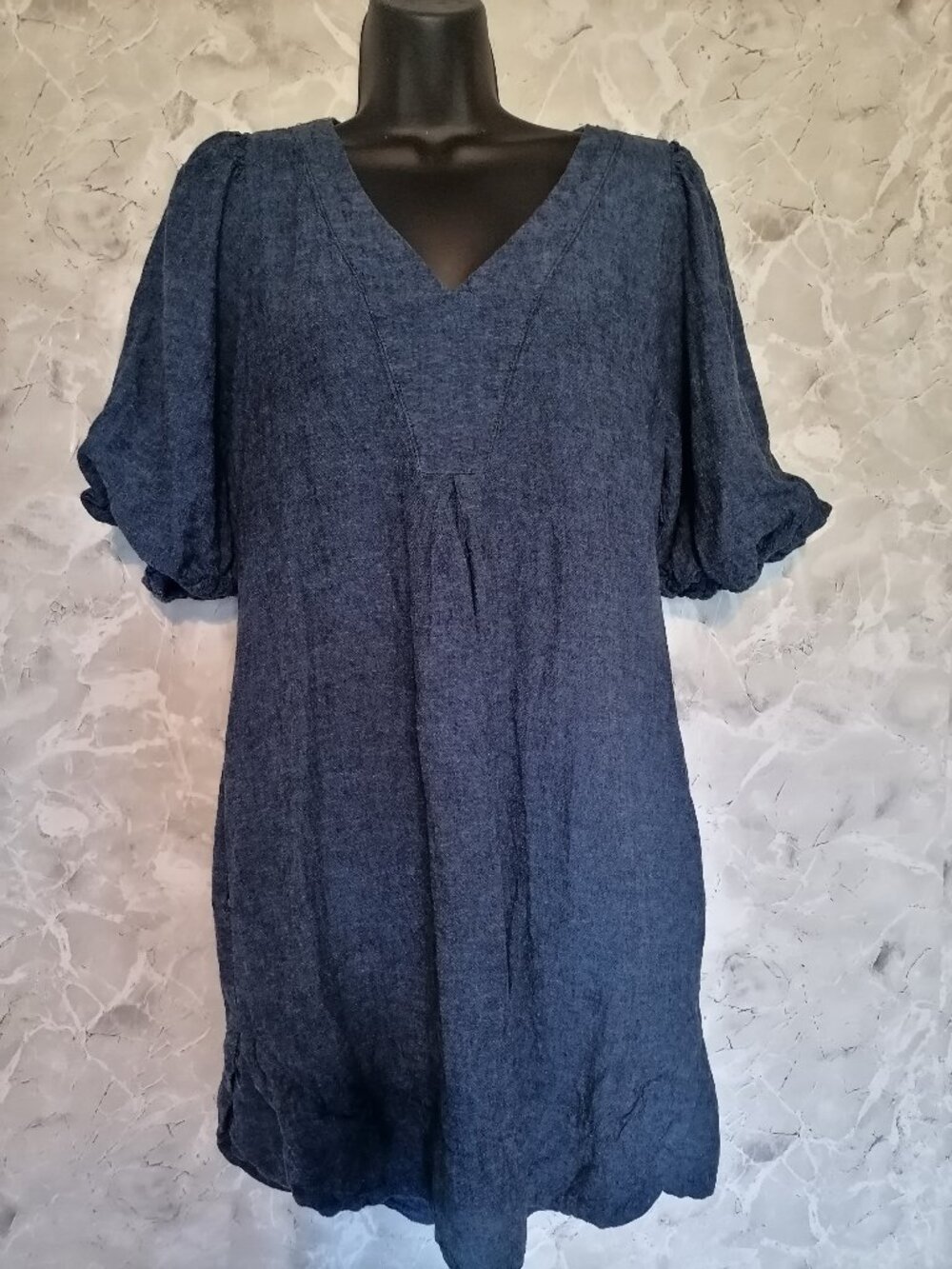Cynthia Rowley navi Blue Puff Sleeve V-Neck Linen Blend Mini Dress L